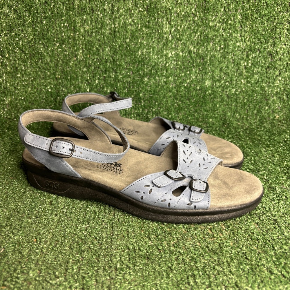 SAS Duo Comfort Laser‎ Cut Buckle Strap Walking Sandals Blue Womens Size 10 M